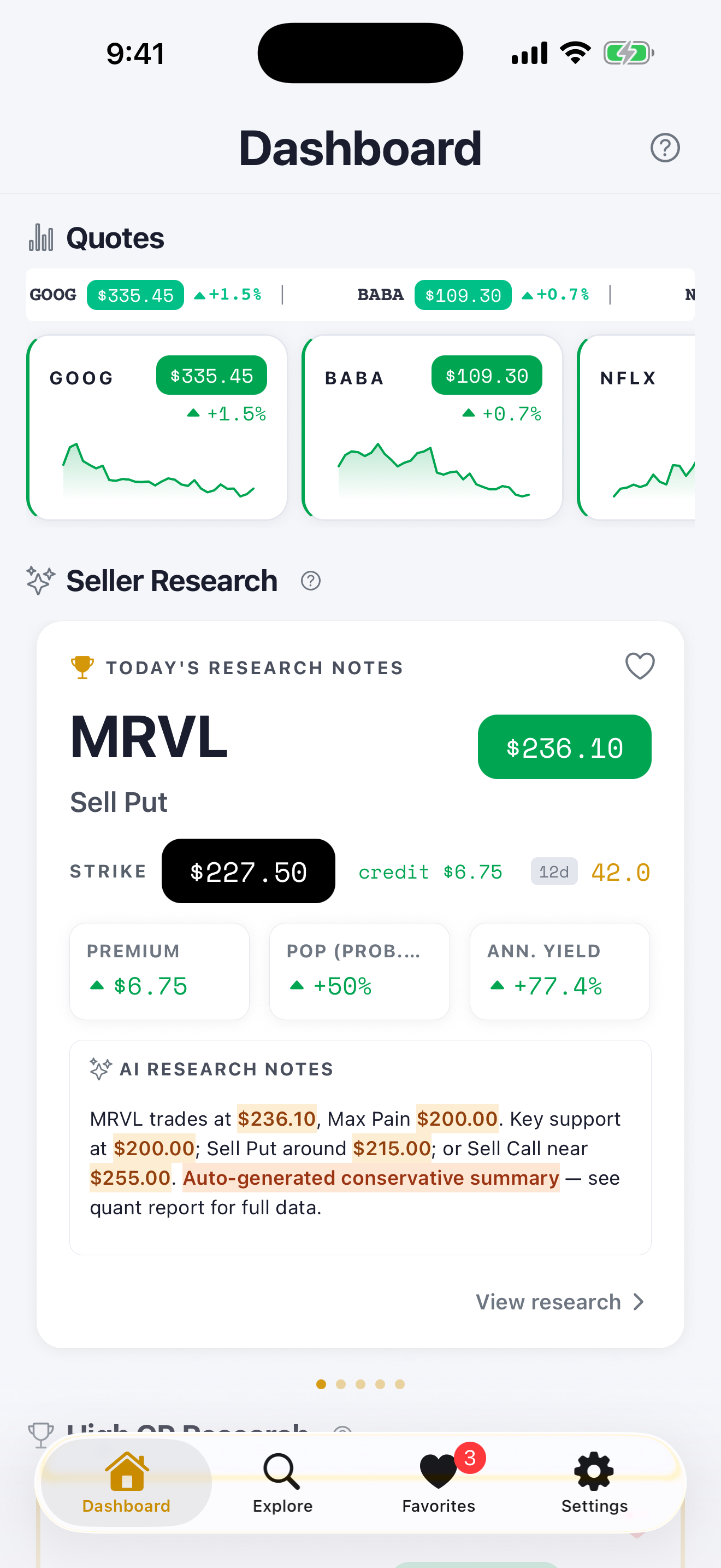 Options Explorer dashboard with market quotes and research cards